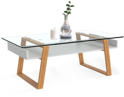 bonVIVO Couchtisch Glas mit Bambus 110x55x40 cm Weiß | Moderner Glastisch Wohnzimmer mit Ablage – Wohnzimmertisch Weiß Skandinavischer Couchtisch Holz Glas