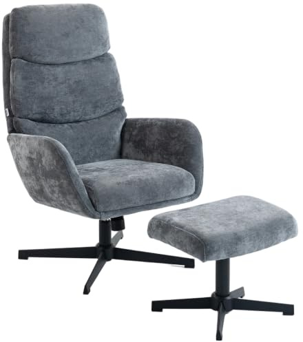 HOMCOM Relaxsessel mit Hocker mit Hoher Rückenlehne Wippfunktion Grau | Leinenoptik, Metallsockel, Polstersessel, Wohnzimmer, Schlafzimmer
