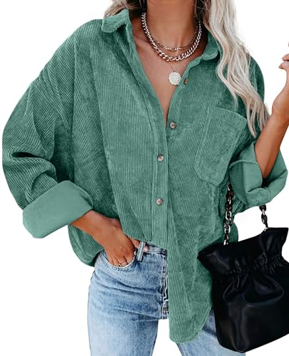 QIXING Damen Cord Hemdjacke Shacket Langarm Overshirt Knopfleiste Jacke | Spitzkragen, Brusttaschen, button down und lockerer Passform Herbst Winter