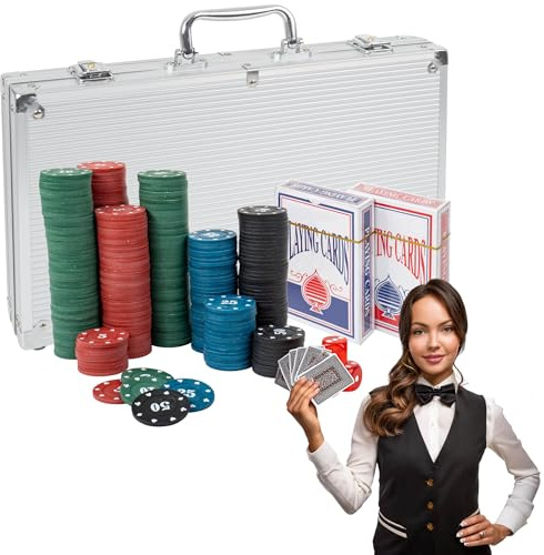 H&F Heimtextilien Pokerkoffer Set 300 Chips – Komplettes Poker Spielset mit Karten Würfeln & Dealer-Button im Aluminiumkoffer – Für Einsteiger & Fortgeschrittene