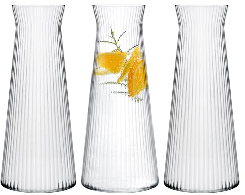 KONZEPT 3 Stk. Wasserkaraffe aus robustem, geriffeltem Glas – 1 Liter, spülmaschinenfest, BPA-frei, stilvoll und stabil