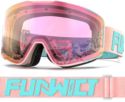 FUNWICT Skibrille für Herren Damen Erwachsene mit Anti-Beschlag UV-Schutz Winddicht Skibrille Überbrille Kompatibel mit Skihelm zum Skaten Snowboard Schneemobil (Rosa)