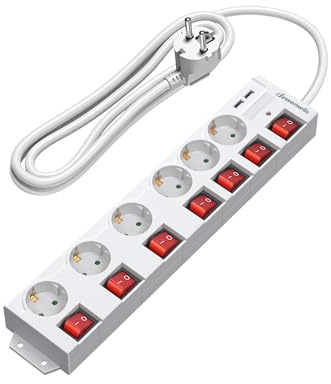 DEWENWILS Steckdosenleiste Einzeln Schaltbar mit USB, 2 m, Weiß | 6-Fach Mehrfachsteckdosen mit 2 USB, Wandmontage, 3680W/16A, Überspannungsschutz, Kindersicherung, 90°-Anordnung