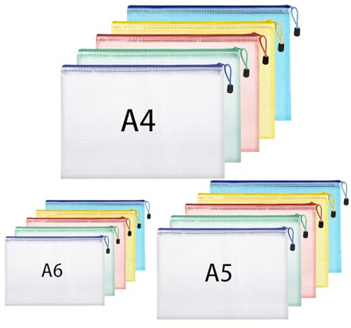 Hemiks 15 Stück Dokumententaschen A4+A5+A6, Transparente PVC Dokumentenmappe Wasserabweisend, Zip Beutel für Unterlagen Schule Büro Reise, mit Etiketten & Aufhängeschlaufe (5 Farben)