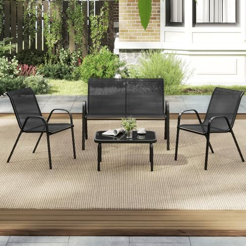 GIANTEX 4 TLG. Gartenmöbel Set, Gartenlounge Outdoor Möbelsets, Balkonmöbel Terrassenmöbel außen, Outdoor Sitzgruppe mit Couchtisch & Gartenbank & 2 Essstühle, Sitzgarnitur für 4 Personen, Balkonset