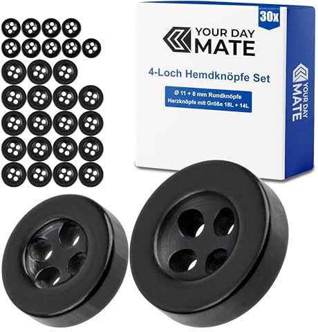 Knöpfe Set, für Hemden und Blusen, 30 Stück, 4-Loch, Ø 11 + 8 mm, in Schwarz, aus Kunstharz, Größe 18L + 14L, Harzknöpfe für Jacke, Mantel, Hemd, Bluse, Poloshirt, DIY Knopf Polyester, Wäscheknöpfe
