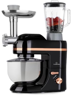 Klarstein Knetmaschine Küchenmaschine mit Fleischwolf, 1800W Teigmaschine Klein, 6 Stufen, Schneebesen Rühr- & Knethaken, Planetenrührwerk, Rührmaschine mit Mixer, Küchenmaschinen 5L Schüssel