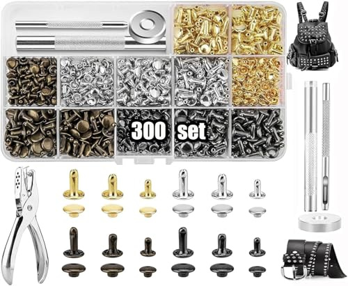Leder Nieten Set, 300 Set Metallniete Doppelkappe 12mm 8mm 6mm | mit Nietenzange Lochzange Hohlnieten Nieten für Leder Nieten für Kleidung,für DIY Handwerk Reperatur Dekoration
