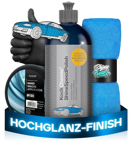 Koch Chemie Shine Speed Polish (500 ml) Lackpolitur + chemicalworkz Hand Wachs Applikator + ShinyFreaks Ultra Soft Mikrofasertuch – Hochglanz-Finish & Lackschutz – Auto Politur & Pflege Set
