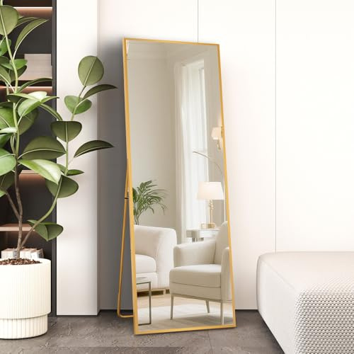 AUFHELLEN Ganzkörperspiegel 140x50cm mit Golden Metallrahmen Standspiegel HD Groß Wandspiegel mit Haken für Wohn-, Schlaf- und Ankleidezimmer Spiegel