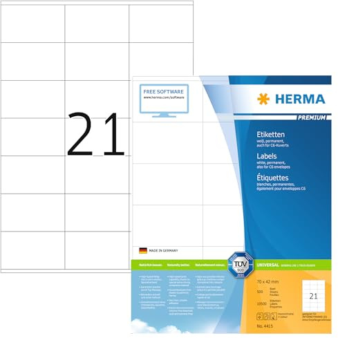 HERMA 4415 Adressetiketten, 500 Blatt, 70 x 36 mm, 21 pro A4 Bogen, 12000 Stück, selbstklebend, bedruckbar, matt, blanko Papier Adressaufkleber Etiketten, weiß