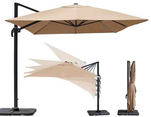 paramondo parapenda Sonnenschirm Ampelschirm aus 230 g/㎡ Polyesterfaser, Rechteckig, 4 x 3 m, Creme, 360° Schwenkbar, Kurbelbedienung, Stahl-Standkreuz und Gestell in Anthrazit, 25kg