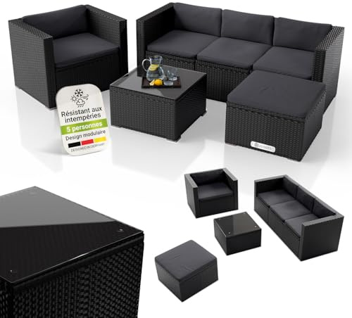 Juskys Polyrattan Lounge Punta Cana L für 4-5 Personen mit 3er Sofa, Sessel, Hocker, Tisch & Kissen, Sitzgruppe für Garten, Terrasse und Balkon, Gartenmöbel Set wetterfest - Schwarz/Grau