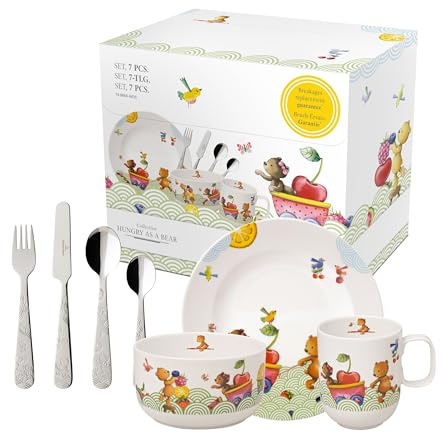 Villeroy & Boch - Hungry As A Bear Set Mit Kinderbesteck Und Kindergeschirr 7 Teilig, Spülmaschinenfest, Mikrowellensicher, Kinderteller, Kindertasse, Besteckset Kinder, Premium Porzellan/Edelstahl
