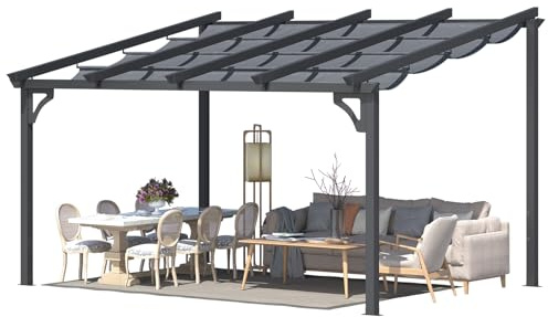 UNIONLINE 4x3m Gartenpavillon, Aufrollbarer Pergola mit Verstellbarer Sonnenschutzplane, Wandmontierter Leaning-to Metallpavillon für Terrasse, Schwarz, Polyester-Dach