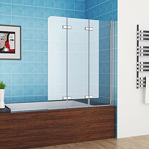 MIQU 120 x 140 cm Badewannen 3-teilig Faltwand Aufsatz 180° Duschwand Duschabtrennung 6mm Nano Glas DAY-3D