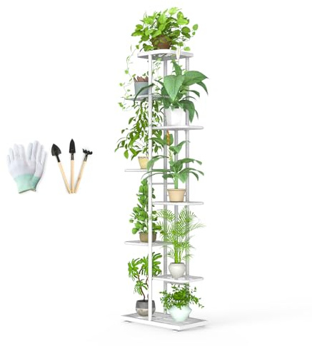 MAIJIAJU 8 Etagen Blumenständer Weiss mit Gartengeräte und Handschuhe, 141cm Hoch Pflanzenständer Metall Innen Außen, Mehrstöckig Blumenregal Pflanzentreppe Eckregal Stehend für Garten Balkon Deko
