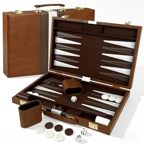 Lohofrnny Backgammon Set, 15 Klassisches Backgammon Koffer, 2 Spieler Brettspiel Tragbares Reise Strategie Spiel Set für Erwachsene Kinder (15 Zoll, Braun)