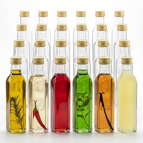 gouveo 24er Set Glasflaschen 250 ml (0,25 l) Maraska eckig, Schraubverschluss PP31,5 goldfarben, leere Klarglasflaschen zum Befüllen für Likör, Schnaps, Sirup, Öl & Essig (MFET250G)