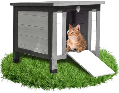 Melko Katzenhaus Grau/Weiß 50 x 45 x 43 cm mit klappbarem Deckel und Rampe, Winterfest