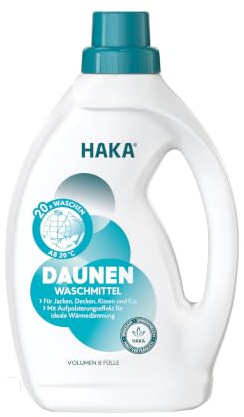 HAKA Daunenwaschmittel, 1 L 20 WL, für Daunen & Federn, erhält Bauschkraft | Zur Reinigung von Daunenprodukten, mit Aufpolsterungseffekt, verbessert die Wärmedämmeigenschaft