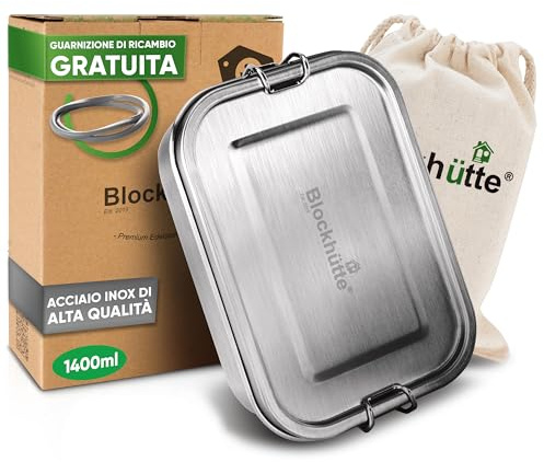 Blockhütte Premium Edelstahl Brotdose I 1400ml I Inkl Austauschdichtung und 2x Trennwand I Die verbesserte Lunchbox ist auslaufsicher und kinderleicht zu Reinigen I Für Kinder und Erwachsene