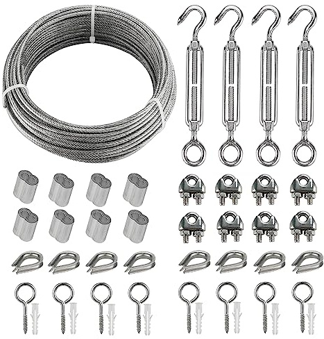 20m Edelstahl Stahlseil Kit, 3mm Drahtseil Rankhilfe Spanndraht mit M5 Edelstahl Seilspanner/Spannschloss Haken und Öse, Ösenschraube, Drahtseilklemme, Aluminium Pressklemmen & Drahtseil Kauschen