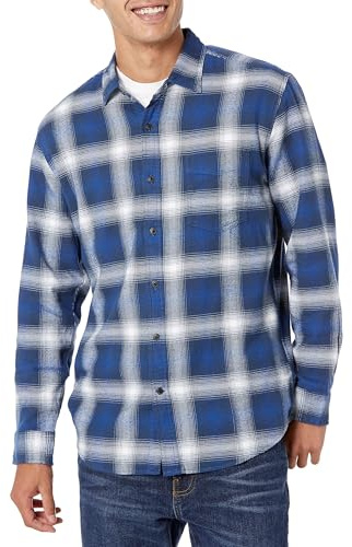Amazon Essentials Men's Regular-Fit Long-Sleeve Plaid Flannel Shirt, Blue Ombre Plaid, Large