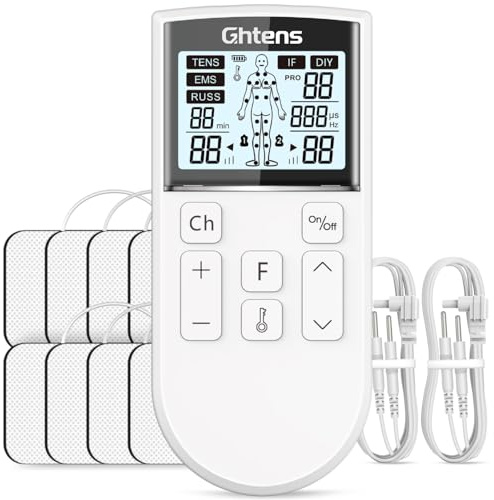 GHTENS TENS Gerät Schmerztherapie, 5-in-1 Reizstromgerät (TENS/EMS/IF/RUSS/DIY) zur Schmerzlinderung durch elektrische Nervenstimulation, mit 80 Massageprogrammen, 2 Kanäle und 8 Stück Elektroden Pad