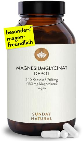 SUNDAY NATURAL® Magnesium Bisglycinat - 240 Kapseln - 300mg reines Magnesium pro Tagesdosis - Depot Magnesiumglycinat als organisches Aminosäurechelat - Laborgeprüft, vegan