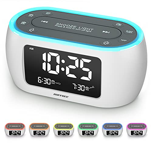 BUFFBEE Radiowecker mit 7-Farben-Nachtlicht, Doppelalarm, Schlummerfunktion, Dimmer, USB-Ladegerät, Nap-Timer, Digitaler Wecker mit FM-Radio und Auto-Off, netzbetrieben mit Batterie-Backup-Weiß