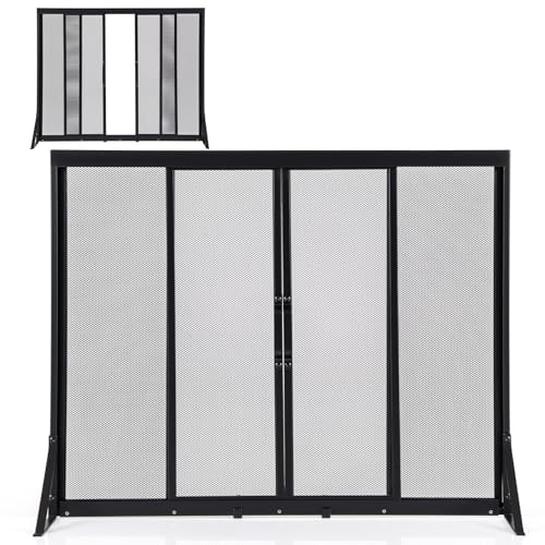 LIFEZEAL Funkenschutz für Holzkamin, Funkenschutzgitter mit Schiebetüren & Griff, Spritzschutz für Kaminofen, 4-teiliger Kaminschutzgitter mit Metallschirm, Dekoratives Netz, schwarz (89 x 33 x 72 cm)