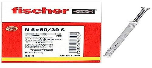 fischer Nageldübel 6 x 60/30 S, hochwertige Nylondübel mit verzinkter Senkkopfschraube (50 Stk.), Dübel für optimalen Halt bei Befestigungen in Beton, Mauerziegel & Naturstein