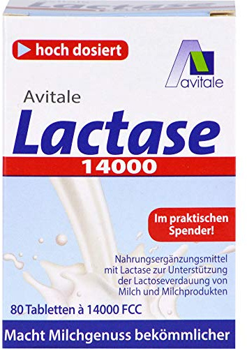 Avitale Lactase 14000 FCC, hochdosiert, im praktischen Spender, 80 Stück | Zur Unterstützung der Lactoseverdauung von Milch und Milchprodukten, 1 Tablette spaltet ca. 22g Lactose