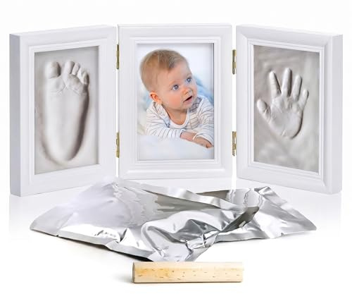 all Kids United® Baby Bilderrahmen Abdruckset Gips 40x23cm Hand & Fuß | Lebenslange Erinnerung, sicheres Gipsabdruck Set Baby, 40x23cm Holzrahmen weiss, Acrylglas, 3-teiliges Geschenk zur Geburt