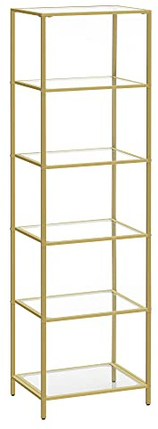 VASAGLE Regal mit 6 Ablagen, Badregal, gehärtetes Glas, einfache Montage, für Badezimmer, Wohnzimmer, Küche, Büro, transparent-metallisches Gold LGT500A01