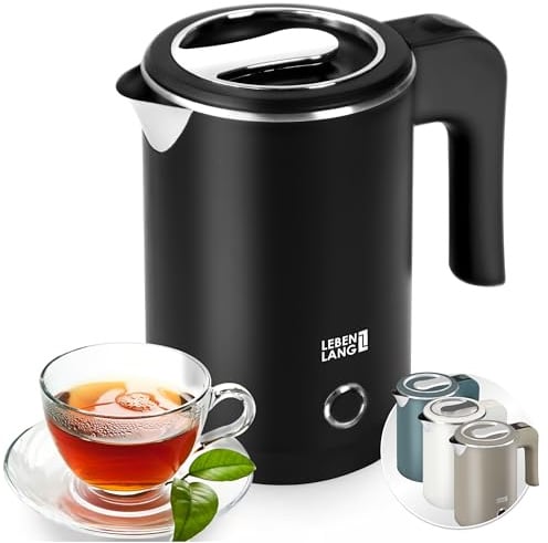 LEBENLANG Reise Wasserkocher Edelstahl Klein 0 5 Liter & BPA-Frei - Reisewasserkocher klein 600W Energiesparend Energieeffizienz - Kleiner Mini Wasserkocher Camping Kettle Schwarz 0,5 l 0.5 für Reisen