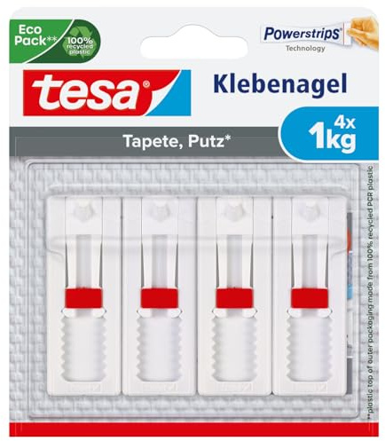 tesa Verstellbarer Klebenagel für Tapeten und Putz - höhenverstellbarer, selbstklebender Wandnagel - bis zu 1 kg Halteleistung pro Nagel - 4 Stück