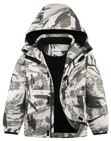 UMMTOM Wasserdichte Skijacke für Jungen, mit Fleece gefüttert, warm, Winterjacke mit Kapuze, Winterjacke für Kinder (Armeegrün, Größe 11–12)