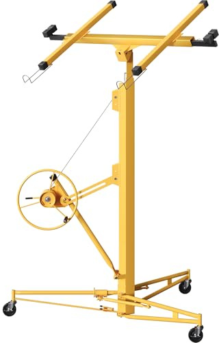 XPOtool Plattenheber bis max. 68 kg, Höhe 188-487 cm, Montagehilfe für Trockenbau, Paneelheber schwenkbar, neigbar mit 3 Rädern mit Feststellbremse, gelb