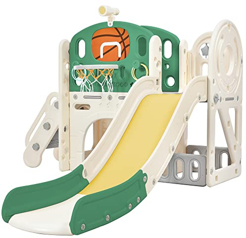 5 in 1 Kinderrutsche Indoor und Outdoor für ab 1-6 Jahr, Kinder Spielplatz mit Langer Rutsche, Aufbewahrungsbox, Tunnel, Treppenleiter, Basketballkorb und Durchgangsbereich, Gartenrutsche, Grün