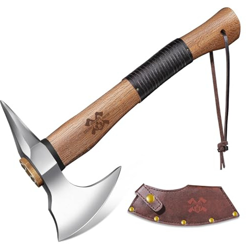 Beil Outdoor Holz Spalten Handgeschmiedet Handbeil mit Kuhfuß,Bushcraft Axt mit Holzgriff und LederscheideLong