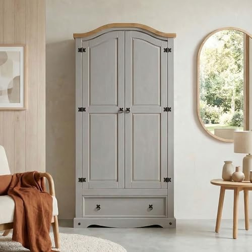 Kleiderschrank Ramon Garderobenschrank Mexiko Möbel Kiefer massiv,grau/gebeizt,gewachst, 2 Türen und 1 Schublade