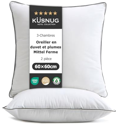KUSNUG Daunenkissen 60x60 Federkissen 2er Set | 100% Bio-Baumwollbezug | Hochwertiges Hotelkopfkissen | Schlafkissen | Mittlere Stützkraft