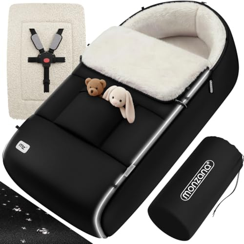 MONZANA® Fußsack Kinderwagen & Buggy - Kuscheliger Winterfußsack für Baby, mit Reflektoren, Reißverschluss & 3-/5-Punkt-Gurtsystem - Waschbar, Wasserabweisend, Schwarz