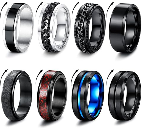 Milacolato 8 Stück Herrenring aus Edelstahl für Männer Herren | Schwarz Drehbar Rockkette Vintage Gothic Ringe aus Kohlefaser Drache keltisch blau Hochzeit Band