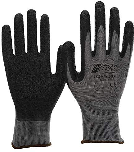 NITRAS Nylotex 3520 Nylon-Latexhandschuhe Arbeitshandschuhe 12 PAAR Größe 10 (XL), Grau/Schwarz
