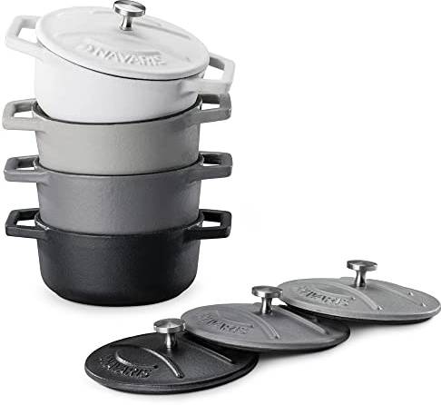 Navaris Mini Cocotte Set - 4x Gusseisen Mini Topf Schwarz Weiß - Optimale Wärme Distribution - Mini Auflaufform mit Deckel - Kleine Dessert Töpfe - Auflaufförmchen backofenfest
