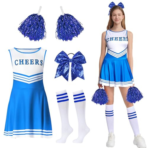 GUBOOM Cheerleader Kostüm Damen für Erwachsene, Cheerleaderkostüm Damen mit Cheerleader Pompoms, Haargummi, Socken, High School Cheerleader Kostüm für Verkleidung Cosplay Karneval Mottoparty