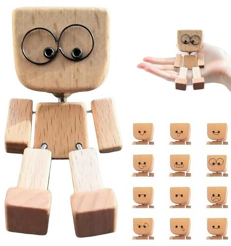 Wackelnder Holzmann, wackelfigur auto mit 12 magnetischen Gesichtsausdrücken, Holzfigur für das Autoarmaturenbrett, Schüttelnde Holzmann-Figur, Holz-Dekoration für Schreibtisch, Als Auto-Ornamen